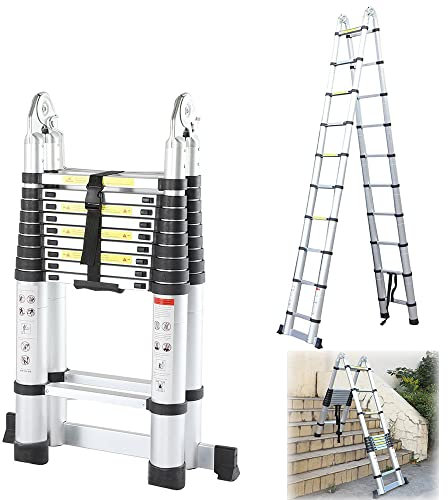 NAIMP 6.2M Extendable Aluminum Ladders, Folding Telescopic Extension (3.1M+3.1M) Tall Loft Ladder, Portable A-Frame 2x10 Steps Loft Ladders, Extension Ladder EN131 DIY Multi Purpose 330lbs/150kg
