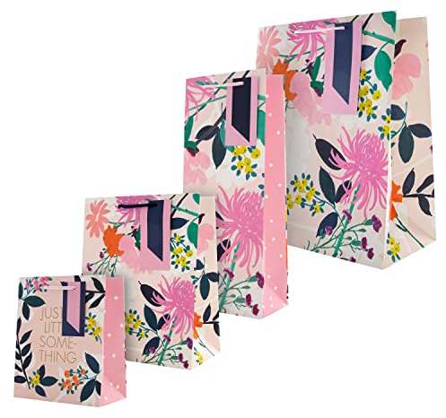 Hallmark Multi Occasion Gift and Bottle Bags Bundle - 1 Large, 1 Medium and 1 Small Gift Bag, and 1 Bottle Bag in 4 Floral Designs