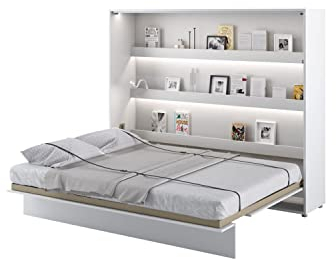 MEBLINI Schrankbett Bed Concept - Wandbett mit Lattenrost - Klappbett mit Schrank - Wandklappbett - Murphy Bed - Bettschrank - BC-14-160x200cm Horizontal - Weiß Hochglanz/Weiß