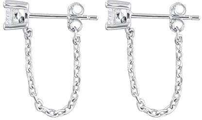 Reffeer Solid 925 Sterling Silver CZ Chain Studs Earrings Dangle for Women Earrings CZ Chain Drop Earrings Studs (A-Silver)