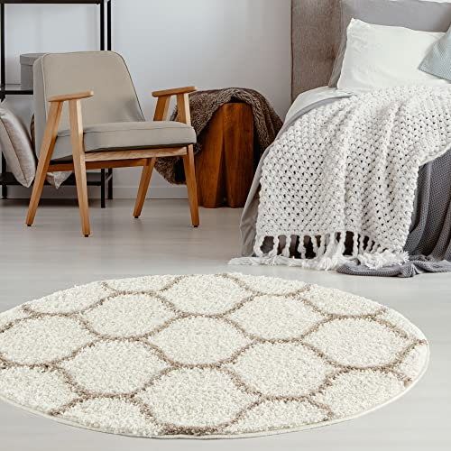 THE RUGS Shaggy Rug – Modern Moroccan Design Rugs for Living Room, Bedroom, Hallway, 3 cm Thick Area Rugs, (Trellis Ivory/Beige, 120cm Round)