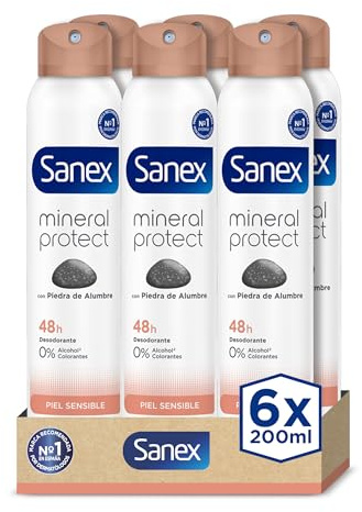 Sanex Mineral Protect Deodorant-Spray, 6 Stück x 200 ml, Schutz 48H gegen schlechten Geruch, mit Aluminiumstein, 0% Alkohol, frei von Allergenen und Farbstoffen, für empfindliche Haut