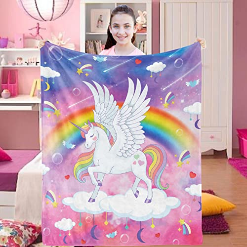 Einhorn Decke Kinder, Kuscheldecke Einhorn Mädchen, Decke mit Einhorn Regenbogen, Weich Flanell Warm Plüsch Fleece Wohndecke Einhorn für Baby Newborn Geburtstagsgeschenke Kinderzimmer Krippe, 76x125cm