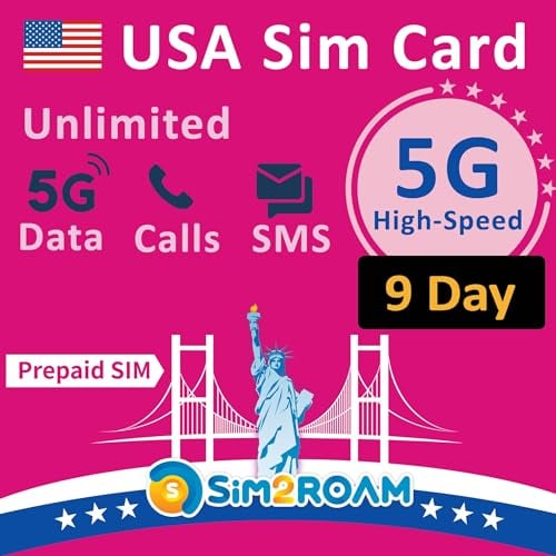 Tarjeta SIM prepago de EE. UU.| Datos ilimitados de Internet de alta velocidad 5G/4G LTE en EE. UU.(incluido Hawái) | Llamadas y mensajes de texto (SMS) ilimitados en Estados Unidos|Recargable(9 días)