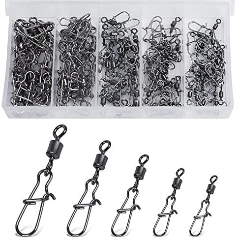 Realure 100 Pcs Rolling Fishing Swivels and Clips, Duo Lock Snaps Swivels for Carp Fishing Accessories Swivels 4# 6# 8# 10# 12# Barrel Fishing Connector Swivel for Sea Fishing Line Hooks Swivels