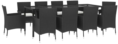 vidaXL Garten Essgruppe 11-TLG., Gartenmöbel Set mit Kissen, Gartengarnitur Tisch 10 Stühle, Sitzgruppe Gartenset, Schwarz Poly Rattan