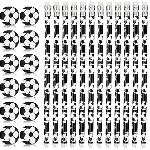 Smivyhp 12 Stück Fußball Bleistifte mit 12 Fußball Radiergummi Bleistiftanzug, Fußball Mitgebsel Bleistifte für Schule Schreibwaren Kindergeburtstag Gastgeschenke