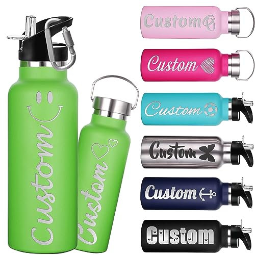 Custom Water Bottles 26oz Personalised Stainless Steel Water Bottle with Straw Lid Customised Insulated Double Wall Bottles with Engraved Name Text for School Sports-Light Green
