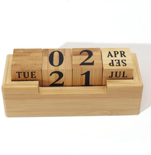Realand Ewiger Blockkalender aus Holz für den Schreibtisch, Monat, Datum und Wochentag, Anzeigeblöcke, für rustikale Bauernhaus-Bürodekoration, niedliches Schreibtischzubehör