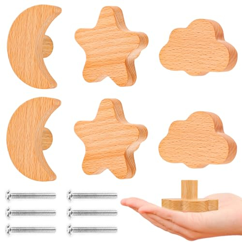 AKONE Schrankknöpfe Holz, 6 Stück Möbelknöpfe Kinder, Sterne, Mond, Wolken Holzknöpfe, Knauf für Schrank, Schubladenknöpfe Naturnahe Dekoration Möbelknopf für Kommode Kinderzimmer