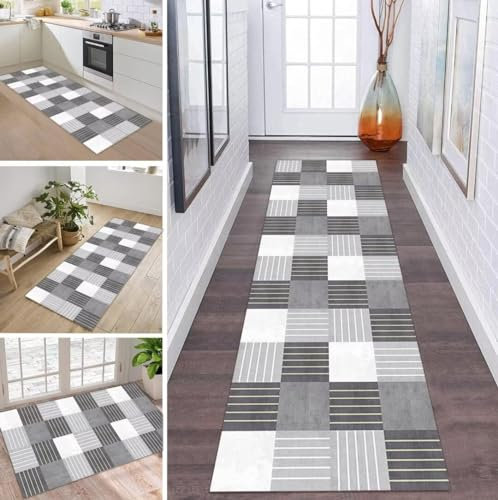 ZDYHMrj Läufer Teppich Flur Küche Waschbar rutschfest 40 * 350cm, Weiß Grau Moderne Blattmuster Lang Teppichmatte Dauerhaft Fur Korridor Wohnzimmer Schlafzimmer Meterware Anpassbar