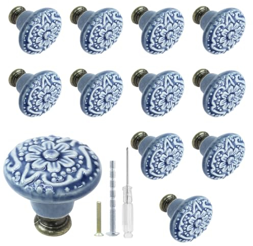 Biaungdo Schrankknäufe und Griffe für Schubladen, Schränke, Schranktüren, rund, Vintage-Stil, Hellblau, 12 Stück