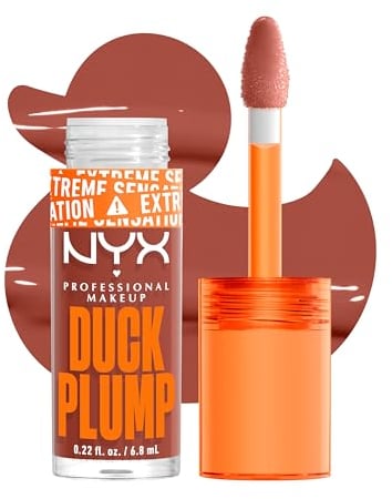 NYX Professional Makeup Lipgloss mit Schmollmund-Effekt, Glossy Finish & intensive Farbe, Extremes Volumen & Fülle dank Ingweröl, Vegane Formel, Duck Plump Lip Lacquer, Brown of Applause