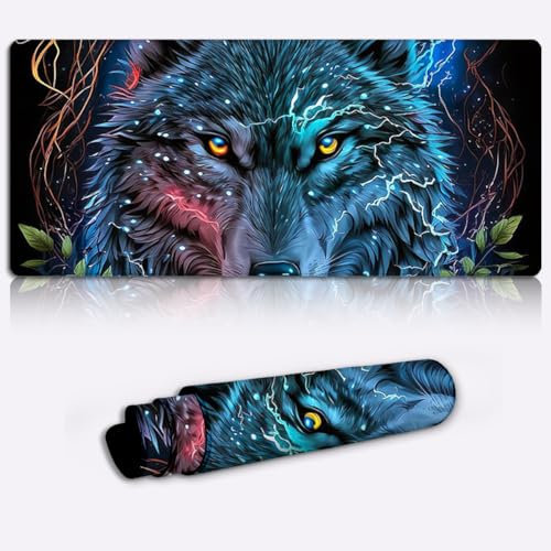 Gaming-Mauspad, großes, erweitertes Mauspad, rutschfeste Gummiunterseite, für Gamer, Büro und Zuhause, Wolf im Mandala-Dschungel, 35 x 60 cm
