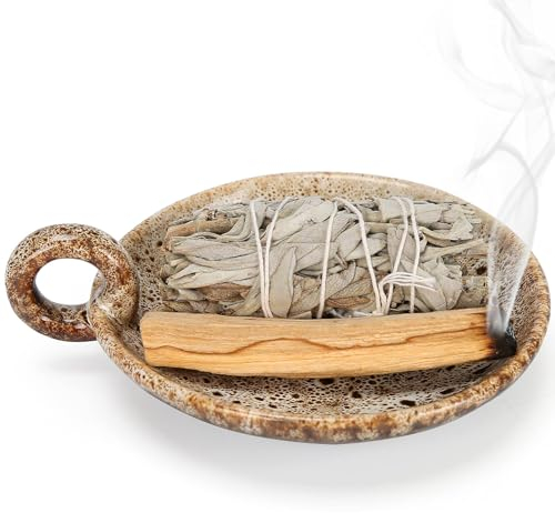 BEYLAB Soporte de Incienso Salvia Blanca para Soporte Varillas Incienso cerámica, Soporte Palo Santo, Cuenco Incienso, Velas, Manchas, Quemador Incienso, decoración Minimalista (Marrón Amarillento)