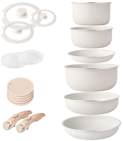 RIOVARM Induction Batterie de cuisine avec Poignées Détachables, Empilables Antiadhésive Granit Sets de poêles et casseroles avec Couvercles, Peu encombrant Poêle à frire Sans PFOA