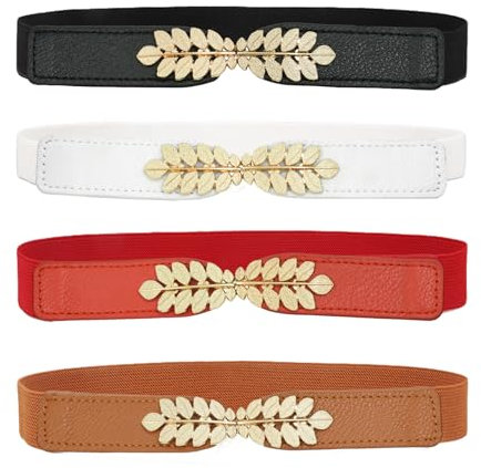 Auptiz 4 pezzi cintura elastica per le donne, Cintura decorativa sottile da donna, sottile cintura in vita per vestito cintura elastica per le donne (rosso bianco nero marrone)
