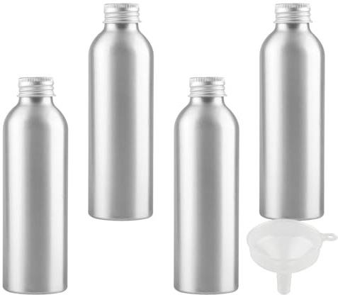 LusDoly 4 Pieces Empty 150ml Aluminium Bottle Silver Metal Bottles with Silver Aluminium Screw Cap for Cosmetic Shampoo Washing Gel Liquid Travel