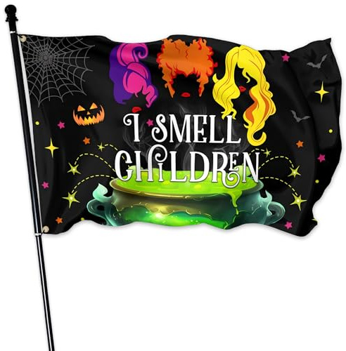 Bandera de Halloween con texto en inglés I Smell Children Flag for Outside 3x5 de doble cara Hocus Pocus, banderas de bruja de Halloween para exteriores, interiores, casa, patio, decoración de