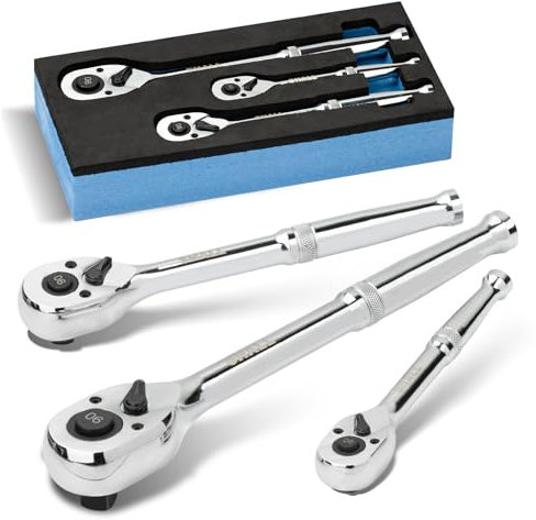 Shall 90-Tooth Ratchet Wrench Set | 3-Piece 1/2, 3/8 & 1/4 Drive | Quick-Release & Reversible | High-Torque Seamless Ratcheting for Mechanics