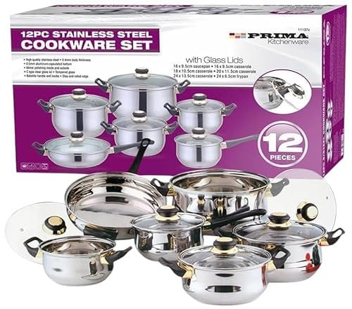 HomeVibe 12-Piece Stainless Steel Cookware Set - Includes Saucepans, Frying Pans, Pots & Casserole with Non-Stick Surface & Glass Lids | Durable & Long-Lasting Kitchenware