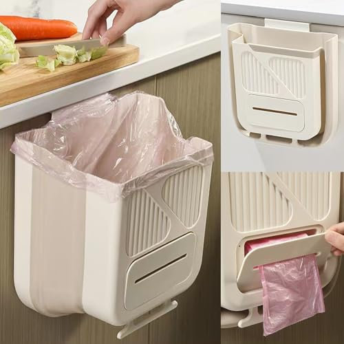 EASYLOCK Faltbarer Mülleimer Hängend Haushaltshelfer Biomülleimer für Küche, Bad, Büro, Schlafzimmer, Camping, Auto, Wohnmobil, Wohnwagen (Beige)