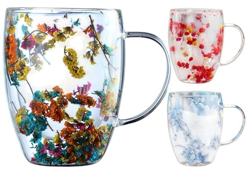Generico Tazza da caffè in vetro trasparente a doppia parete da 350 ml con fiori secchi incorporati