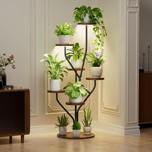 Plant Stand Indoor, Corner Plant Stand with Grow Lights - Tree-Shaped 7 Tiered Indoor Plant Shelf, 54 Tall Plant Stands for Indoor Plants, Metal Plant Display Shelves for Living Room, Patio, Black