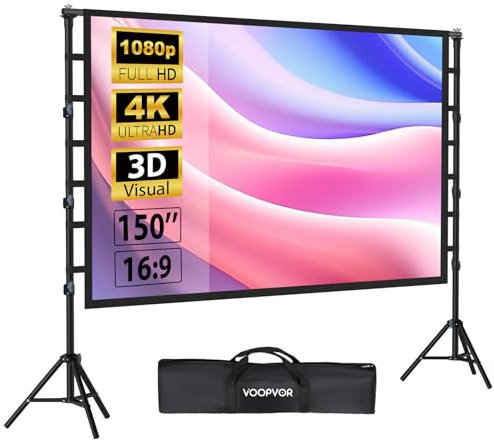 VOOPVOR Outdoor Projector Screen 150 Inch Portable Projection Screen and Stand Indoor Film Screen 16:9 4K HD with Carry Case Height Adjustable for