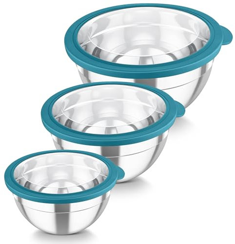 TEAMFAR Rührschüssel Set, 3 Stück Edelstahl Schüssel mit Transparenter Luftdichtem Deckel, Stapelbar Schüsselset, 4,5L/3L/1,5L, Salatschüssel zum Servieren/Kochen/Backen, Spülmaschinenfest - Blau