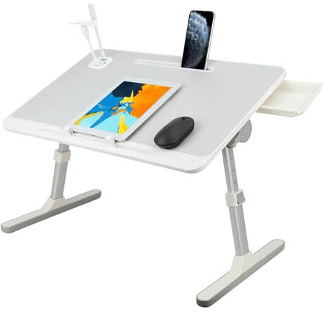 Scrivania regolabile per letto, scrivania pieghevole per laptop con ventola USB e luce, 5 impostazioni di altezza e 4 angolazioni, scrivania antiscivolo, tavolo da letto portatile per casa, ufficio