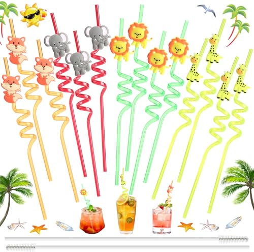 14 Strohhalme Kinder, Tiere,Wiederverwendbar,PET,Bunt,für Geburtstagsparty | Strohhalme Kindergeburtstag, mit 2 Strohhalmbürste, Rot, Gelb, Grün, Orange, für Kinderparty, Babyparty, Hochzeit, Sommer-BBQ
