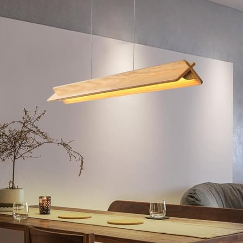 LED Pendelleuchte Holz Esstisch mit Fernbedienung Esstischlampe hängend Holzlampe, Dimmbar Design Hängeleuchte Esszimmerlampe Höhenverstellbar für Esszimmer Büro Küche Hängelampe (Holz, 80cm)