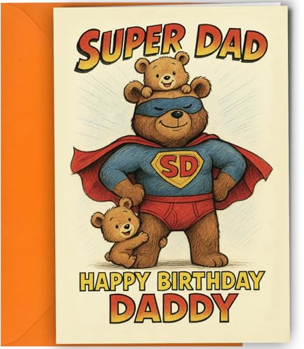 Oscar Finks Super Dad Geburtstagskarte für Papa mit Umschlag, 3 Kinder-Design-Optionen, A5-Größe, innen blanko (2 Kinder #1904)
