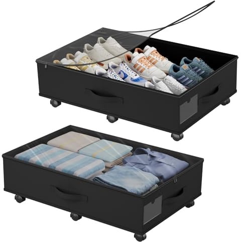 Babenest 2 Stück Faltbare Unterbettkommode mit 6 Rollen, Schwarz | Unterbett Aufbewahrungsbox mit Klarer Deckel Reißverschluss, Under Couch Bettkasten Schuhe, Kleidung, Spielzeug Storage Boxs