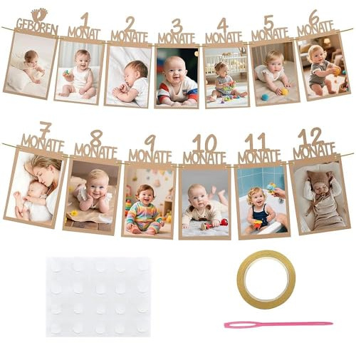 APKOL Fotogirlande 1. Geburtstag für 1 bis 12 Monate Baby erster geburtstag Geburtstagsdeko Hängende Wanddekoration für Deutsch Kraftpapier Mädchen Jungen Party Deko Erster Kommunion(Braun)