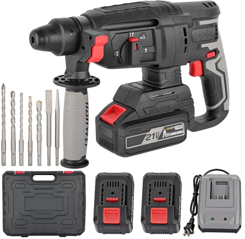 Marteau Perforateur Sans Fil 21V, 2 Batteries 4.0Ah 5 Modes avec Fonction Impulsion Perforateur Burineur Moteur Brushless 2 J Perceuse à Percussion pour Béton et Maçonnerie 7 Accessoires SDS-Plus