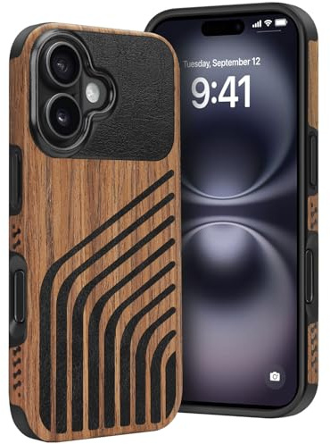 Dolstrap Rugged Case Compatible with iPhone 16 Case, (Natural Wood & Leather & Carbon Fiber Hybrid) Slim Phone Cover, Chord