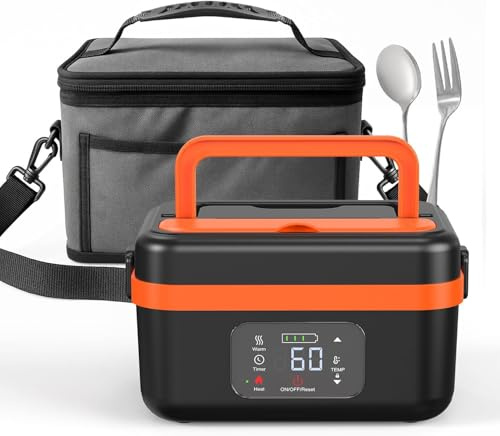Kouamor Boîte à déjeuner électrique, portable, avec batterie, 16000 mAh, pour les déplacements, 1 l, avec sac isotherme, fourchette, cuillère et plateau de séparation amovible, orange