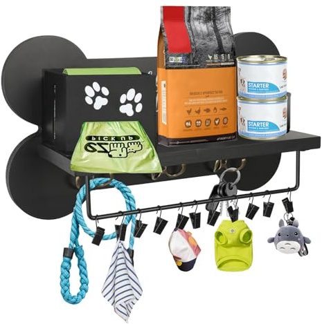 Niciksty Porte-Laisse Mural pour Chien avec étagère, Noir | Porte-Manteau Mural en Bois, Organiseur Accessoires Animaux, Support Mural pour Laisse de Chien pour Porte d'Entrée
