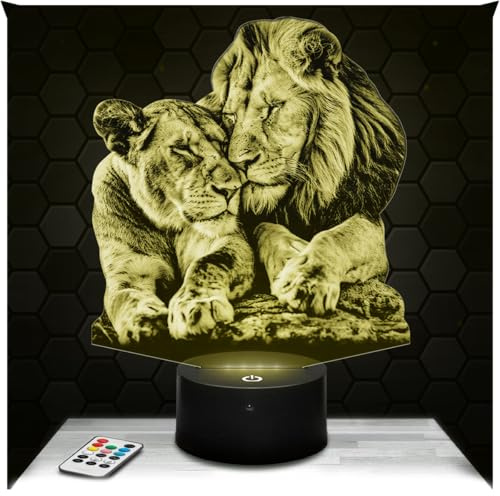 Lampephoto.fr - Lampe Löwe und Löwin 3D Touch Nachtlicht Savannentier | Made in France, Sockel & Größe wählbar, dimmbar, Batterie/USB, HD-Lasergravur, Geschenk für Sie & Ihn