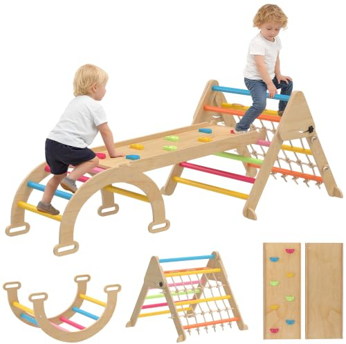 AIYAPLAY 8-in-1 Climbing Frame for Toddlers Ages 1.5-4 Years Multicoloured | Wooden Indoor Triangle Climbing Toys, Double-Sided Slide, Arch, Triangle Ladder