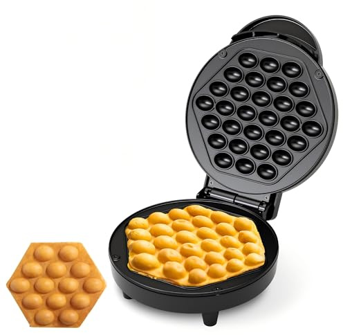 Bubble Waffle Maker- Electric Non stick Hong Kong Egg Style Design, 7 Round Waffler Iron Griddle - Ready in under 5 Minutes (1000W, Black)