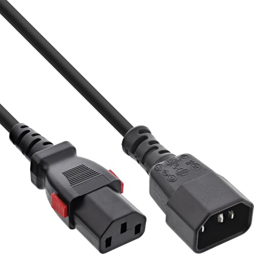 InLine Kaltgeräteverlängerung mit verriegelbarem C13 auf C14, Robustes Stromkabel für USV, Server & AV-Anwendungen, schwarz, 0,5m, 16934L