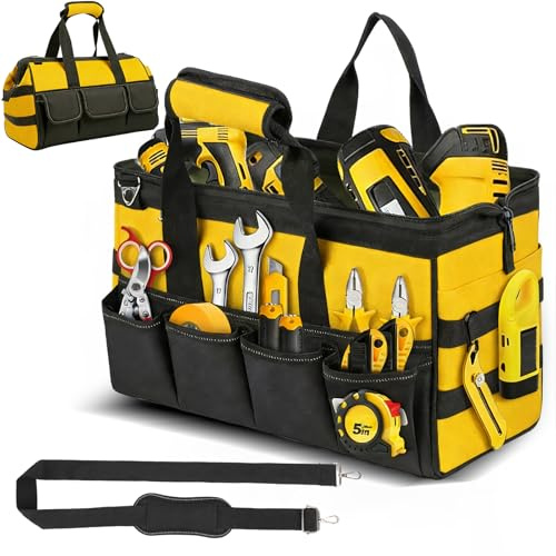 Heavy Duty Tool Bag, Tool Bag Organiser for Men，Large Tools Storage Box | Multifunctional Tools Storage Holder with Shoulder Strap,Non-slip Base, 22 pockets and 16 tactical belt,Gift for Husband,Dad