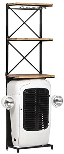 Kaloriko Traktor-Weinschrank Weiß aus rauem Mangoholz 49x31x172 cm mit 9 Flaschenhaltern und 2 Einlegeböden für Weinaufbewahrung in Küche, Esszimmer, Wohnzimmer, Keller