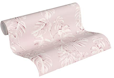 A.S. Création Vliestapete Greenery Tapete in Dschungel Optik mit Palmenblättern 10,05 m x 0,53 m rosa weiß Made in Germany 372811 37281-1
