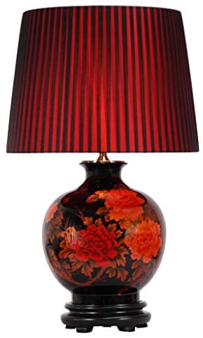 Fine Asianliving Chinesische Tischlampe Porzellan mit Schirm Schwarz mit Roten Blumen Groß B48xT48xH80cm mit Lampenschirm E27 China Orientalische Tischleuchte Keramik Nachttischlampen Asia