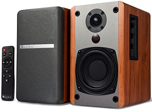 SINGING WOOD BT25 Bluetooth Powered Bookshelf Speakers for Record Player with Built-in Amplifier -2 AUX Input -Full Function Remote Control-50 Watts RMS (Beech Wood)