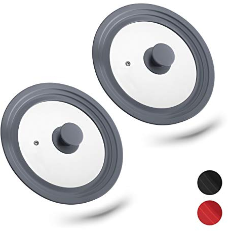 Relaxdays 2 x Topfdeckel universal, Flexibler Glasdeckel mit Silikonrand & Dampfloch, Töpfe & Pfannen mit Ø 20-24cm, grau